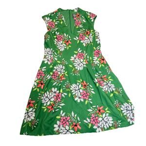 Vince Camuto Dress Sz 12 Fit & Flare Scuba Green & Pink Floral Knee Length